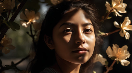 Portrait of a beautiful young asian woman in spring garden.の素材