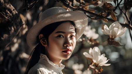 Beautiful asian woman in hat and white blouse with magnolia flowersの素材