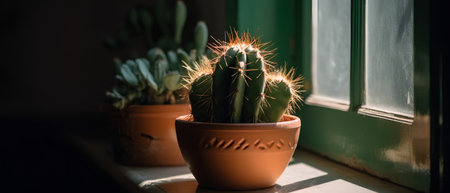 Cactus in a pot on the windowsill. Selective focus.の素材