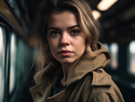 Portrait of a beautiful young woman in a train station looking at the cameraの素材