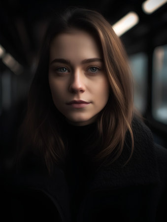 portrait of a beautiful young girl in a black coat in the subwayの素材