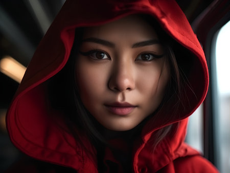 Portrait of a beautiful asian woman wearing red hooded jacketの素材