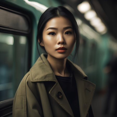 Beautiful young asian woman in the subway, vintage style.の素材
