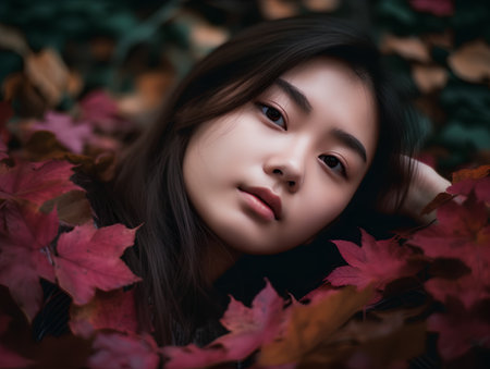 Portrait of a beautiful young asian woman with autumn leaves.の素材