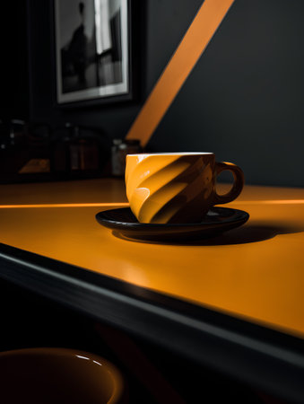 Coffee cup on orange table in cafe, stock photo imageの素材