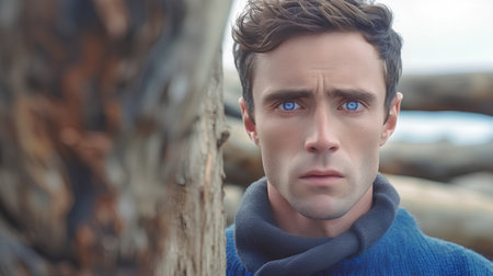 Portrait of a handsome young man with blue eyes wearing a blue sweaterの素材