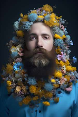 Portrait of a bearded man with a wreath of flowers.の素材