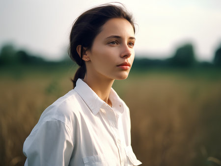 Portrait of a beautiful young woman in a white shirt on a wheat field.の素材