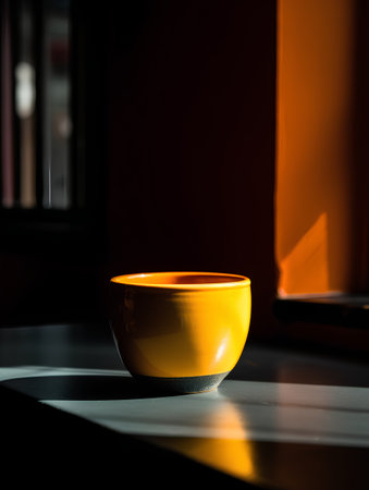 Yellow bowl on a table in a dark room with a window.の素材