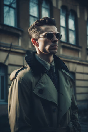 Handsome young man in trench coat and sunglasses on the streetの素材
