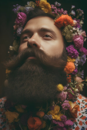 Handsome young man with long beard and colorful flowers in hair on dark backgroundの素材