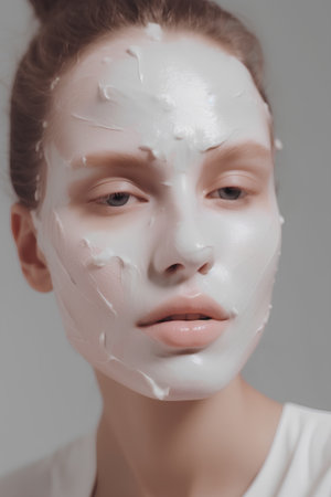 Beautiful young woman with a white cosmetic mask on her face.の素材