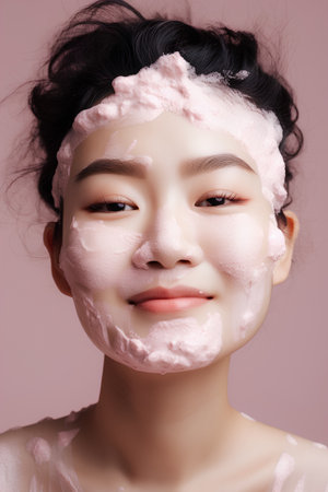 Facial skin care. Portrait of beautiful young asian woman with pink cosmetic mask on her face, isolated over pink background.の素材
