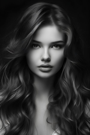 Black and white portrait of beautiful young woman with long curly hair.の素材