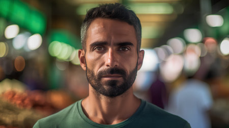 Portrait of handsome bearded man in the street at night. Men's beauty, fashion.の素材