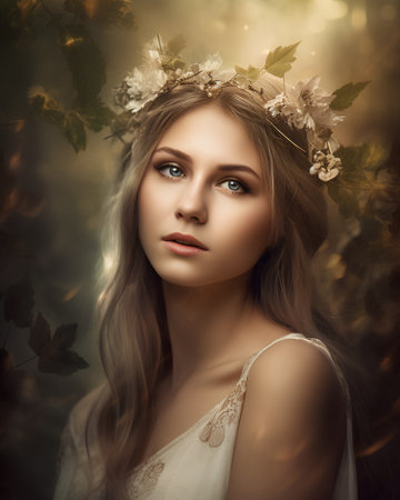 Portrait of a beautiful young woman in a wreath of flowers.の素材