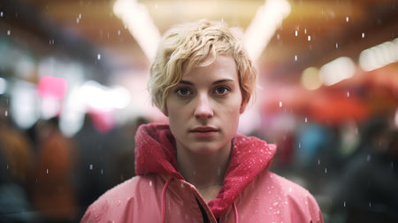Portrait of young woman with blond hair in rain in shopping centerの素材