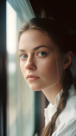 Portrait of a beautiful girl in a white blouse near the windowの素材