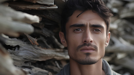 Portrait of a handsome young man in the wood. Men's beauty, fashion.の素材