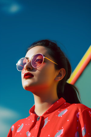 Portrait of a beautiful asian girl in red blouse and sunglassesの素材