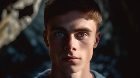 Portrait of a young man with blue eyes in the cave.の素材