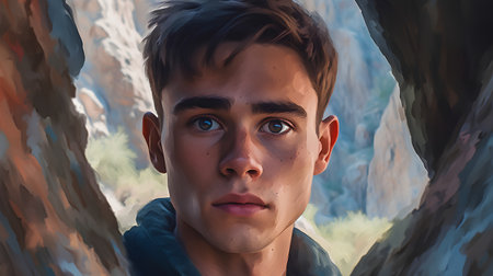 Portrait of a young man in a cave. 3d renderingの素材