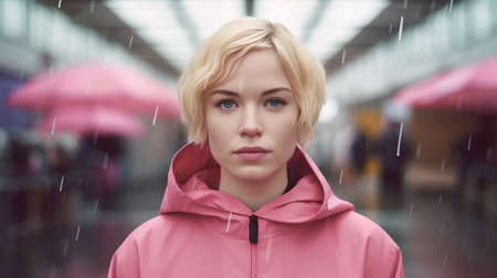 portrait of a beautiful young woman in a raincoat in the cityの素材