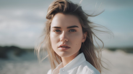 Portrait of a young beautiful girl in a white shirt on the beachの素材