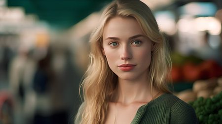 Portrait of a beautiful young woman with blond hair in a green sweater.の素材