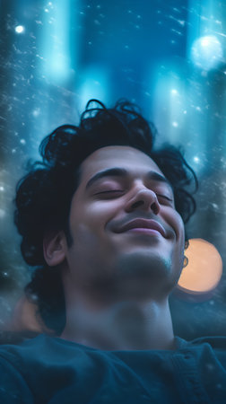 Portrait of a young man sleeping in the city at night.の素材