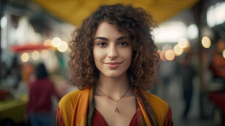 Portrait of a beautiful young woman with curly hair in the city.の素材