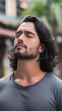 Portrait of a young man with closed eyes and closed eyes.の素材