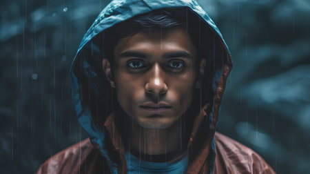 Portrait of young man in raincoat looking at camera. Rain conceptの素材