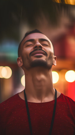 Portrait of a handsome young man in a red T-shirtの素材