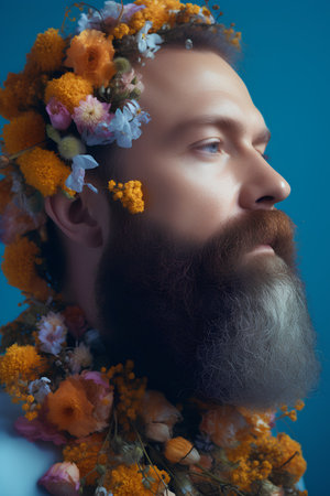 Portrait of a bearded man with flowers in his hair on a blue background.の素材