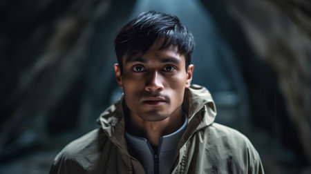 Portrait of a handsome young man in a raincoat in a dark caveの素材