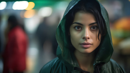 Portrait of a beautiful young woman in a raincoat at nightの素材