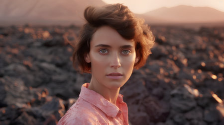 Portrait of a beautiful young woman in the desert at sunset.の素材