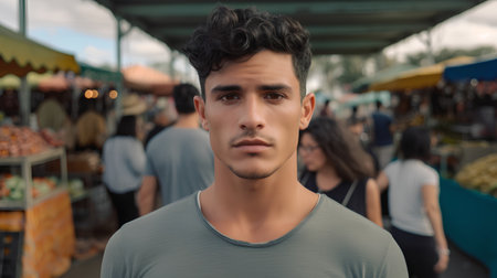 Portrait of handsome young Hispanic man looking at camera in a marketの素材