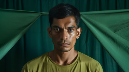 Portrait of a young man looking at the camera through a green curtainの素材