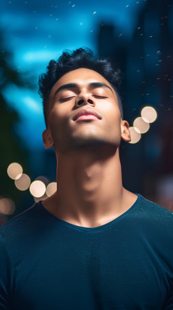 Portrait of a handsome young man with eyes closed against night cityの素材