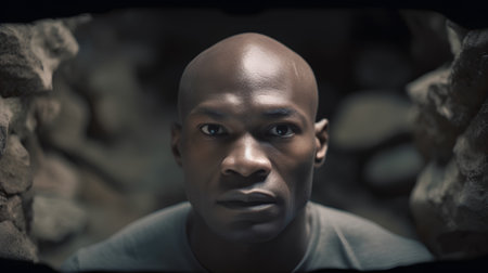 Portrait of a handsome african american man looking through a windowの素材