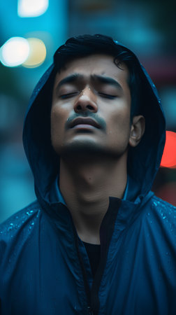 Young Asian man wearing a raincoat in the street at night.の素材