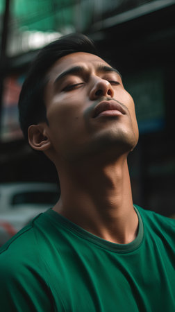 Young handsome Asian man in green t-shirt with closed eyes.の素材