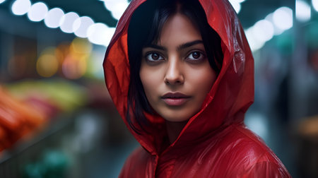 Portrait of a beautiful young woman in a red raincoat.の素材