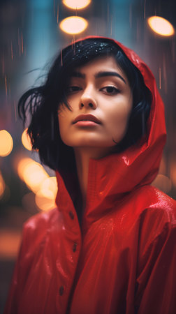 Portrait of a beautiful young woman in red raincoat on the street.の素材