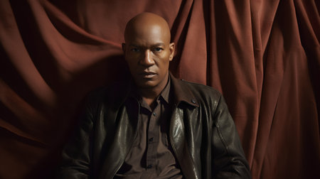 Portrait of a bald African-American man in a leather jacketの素材