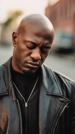 Close up portrait of a handsome african american man in leather jacket.の素材