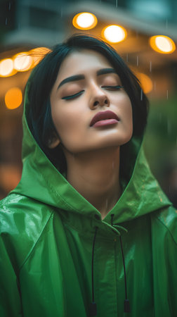 Portrait of a beautiful asian woman in green raincoat.の素材