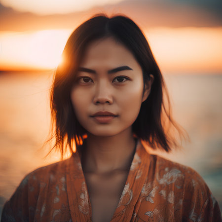 Portrait of a beautiful asian woman on the beach at sunsetの素材